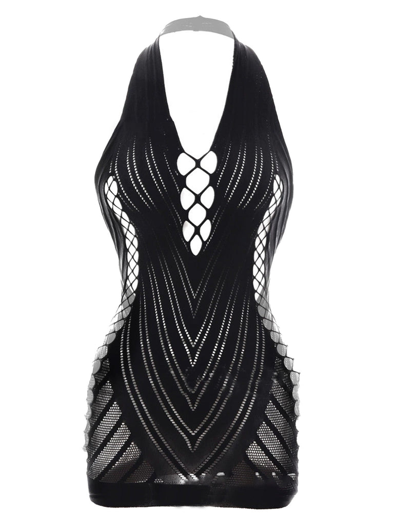 Robe de lingerie mini en résille à décolleté dos nu années 1960