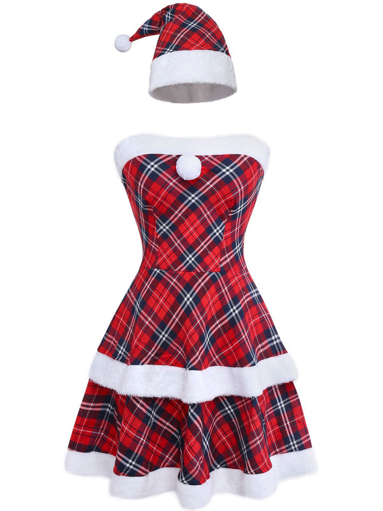Ensemble robe bustier patchwork à carreaux rouges des années 1960