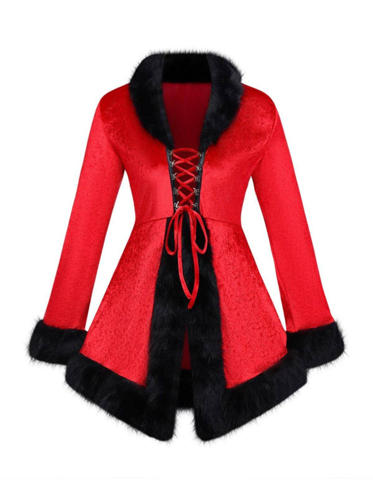 Veste de Noël en velours à lacets et bordure en fourrure rouge des années 1970