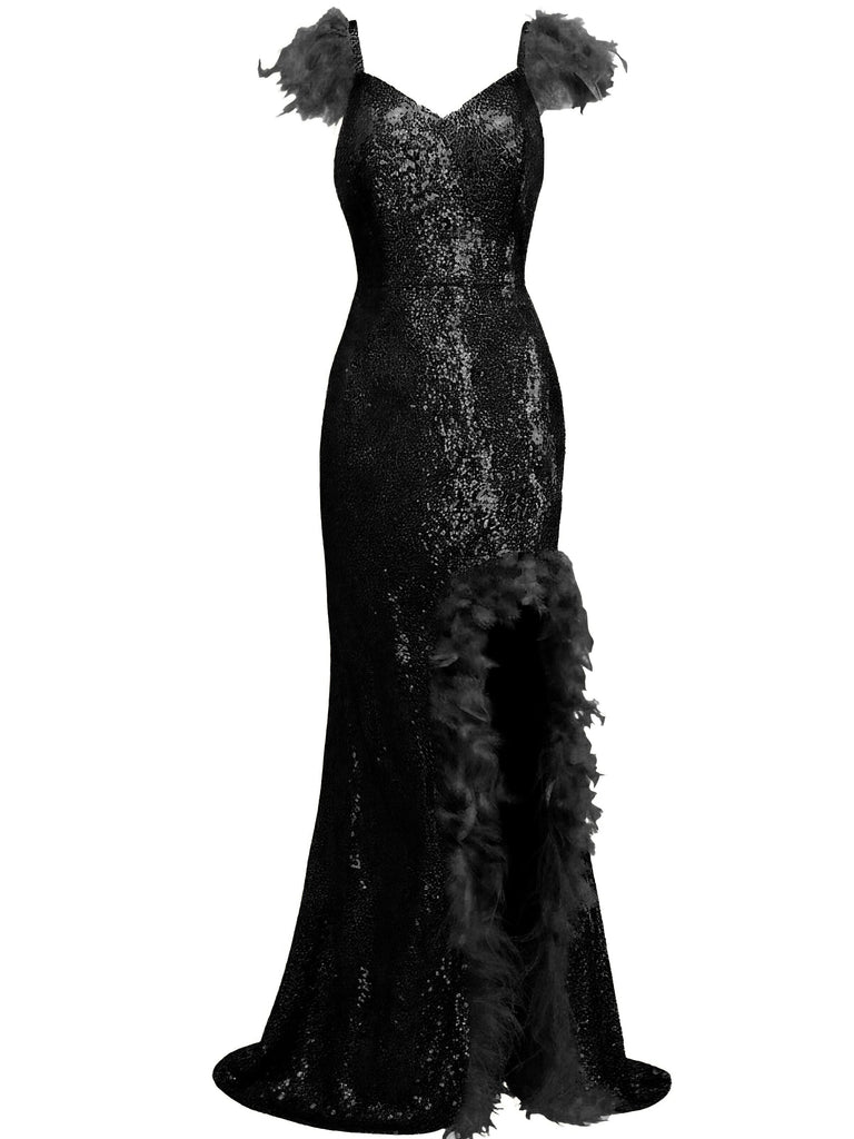 Robe sequins col en V bretelles à plumes fente haute années 1930