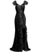 Robe sequins col en V bretelles à plumes fente haute années 1930