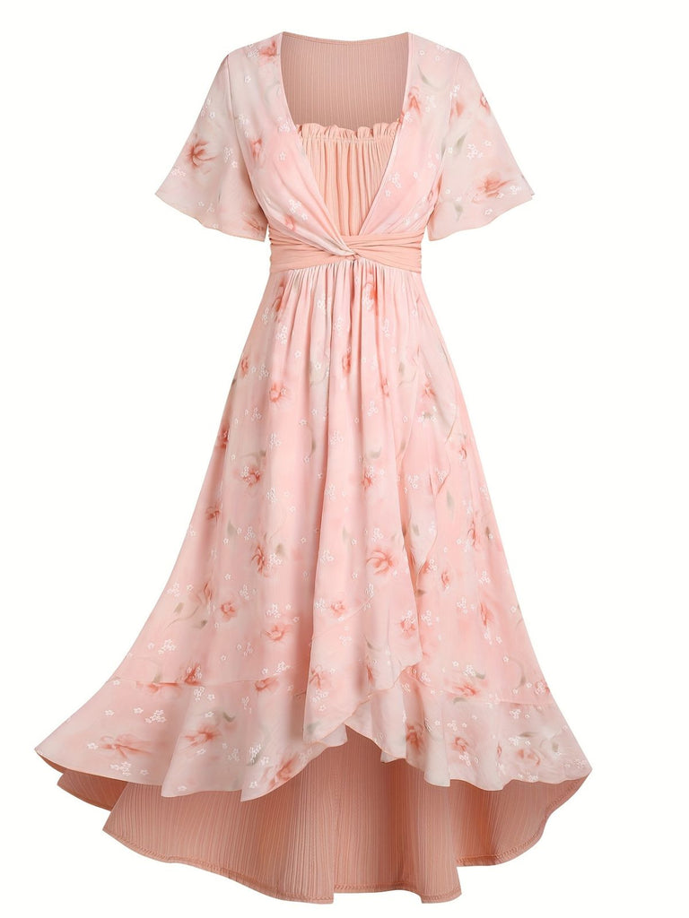 [Grande taille] Robe rose ourlet tulipe à fleurs patchwork des années 1970