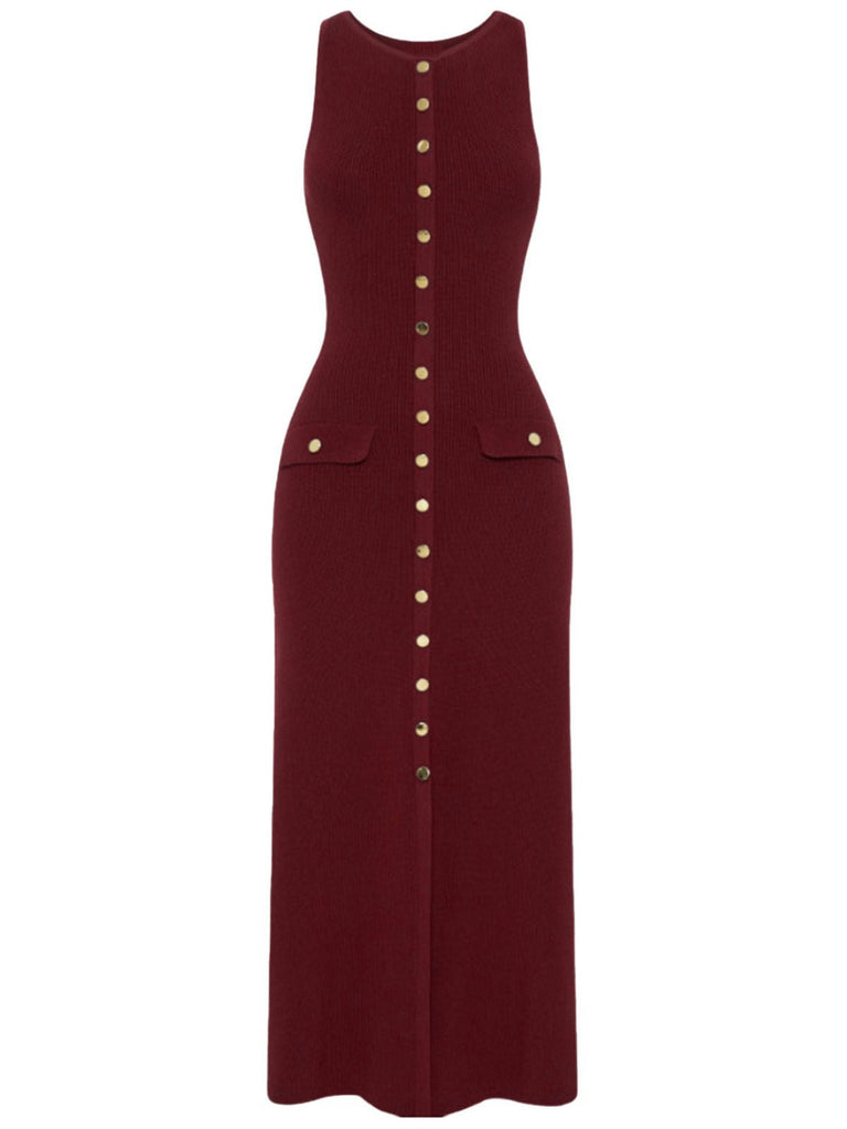 Robe tricotée unie sans manches simple boutonnage années 1960