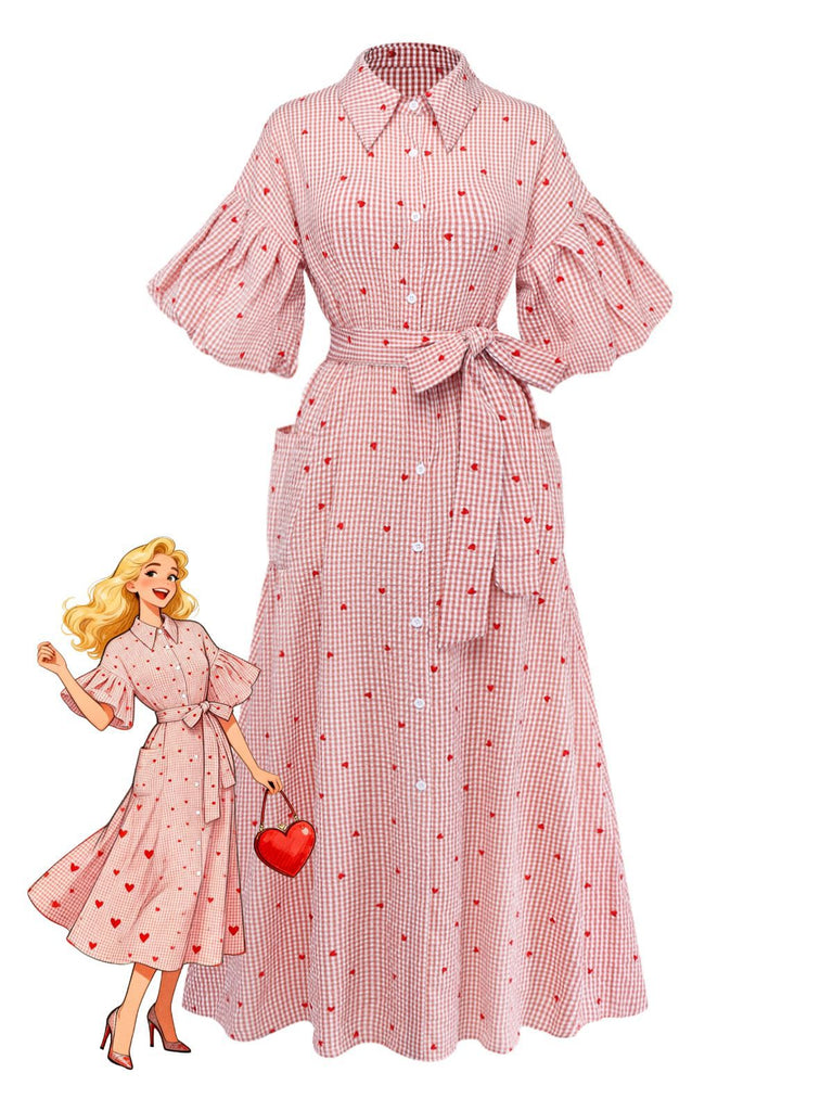 Robe Ceinturée Rose Carreaux Cœur Manches Lanterne Années 1940
