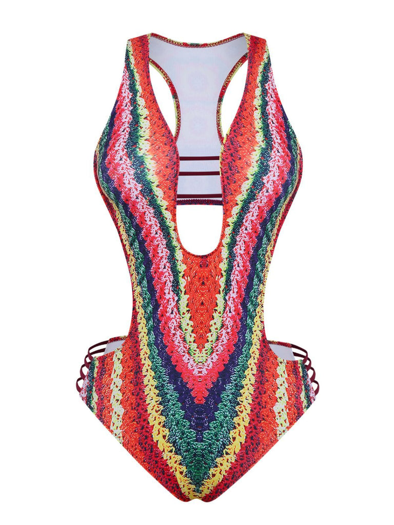 Maillot de bain rouge à bretelles découpes en forme toile d'araignée années 1960