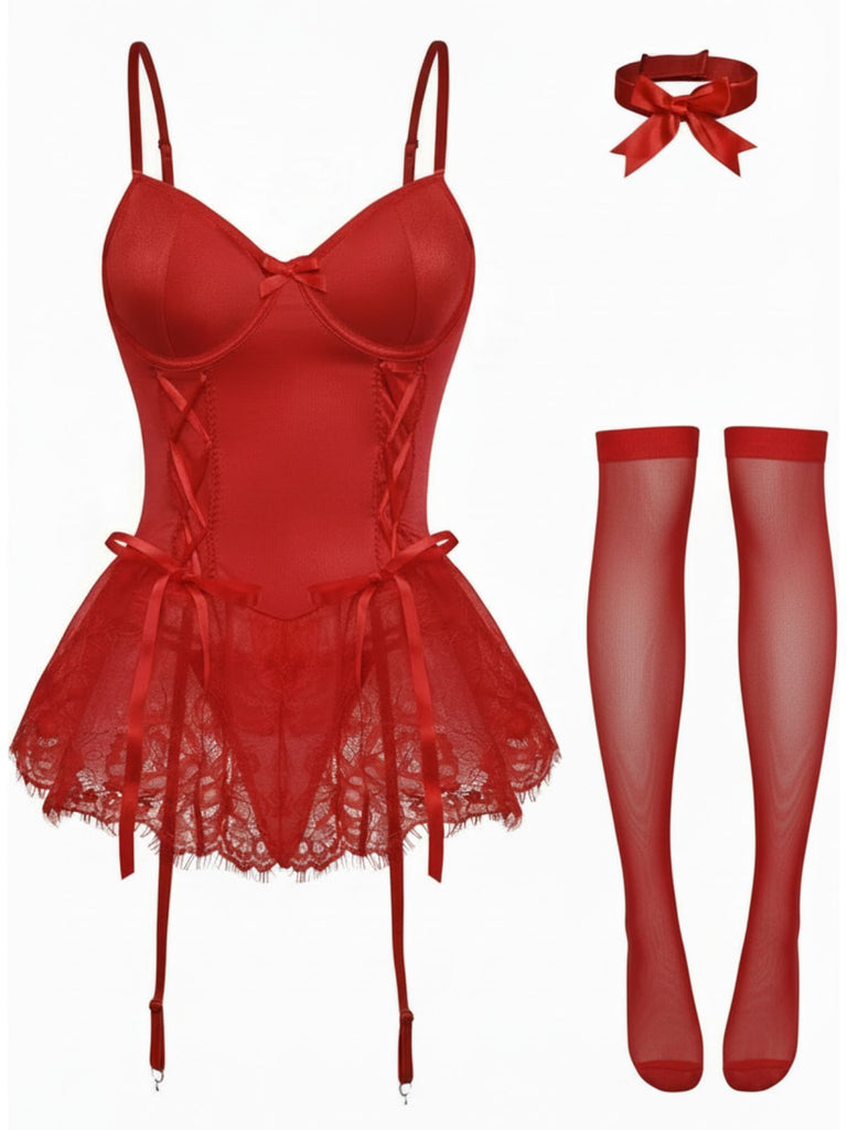 Ensemble body corset orné de dentelle des années 1960