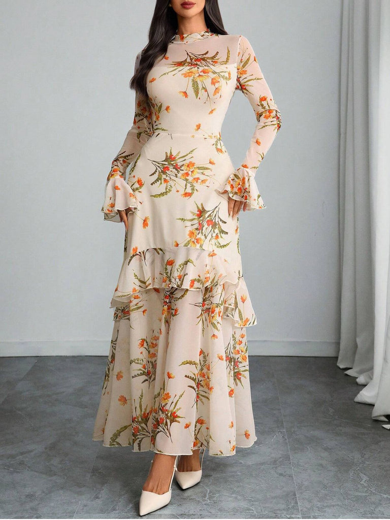 Robe longue beige fleurie à volants en maille années 1930