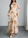 Robe longue beige fleurie à volants en maille années 1930