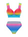 Ensemble bikini froncé multicolore dégradé arc-en-ciel et cache-maillot années 1960