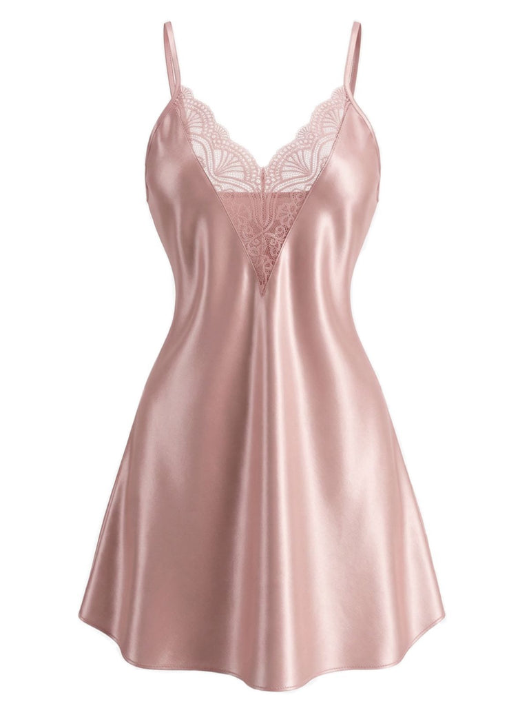 Chemise De Nuit Dentelle Col V Uni Bretelles Fin Année 1960