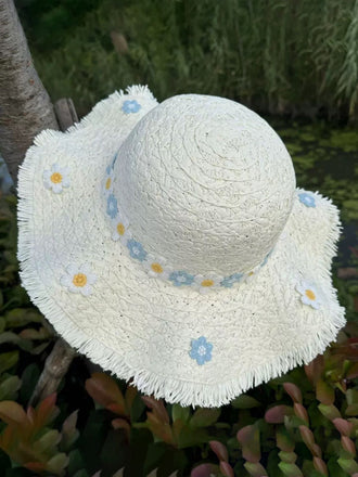 Chapeau de soleil à franges en raphia 3D à motif marguerite