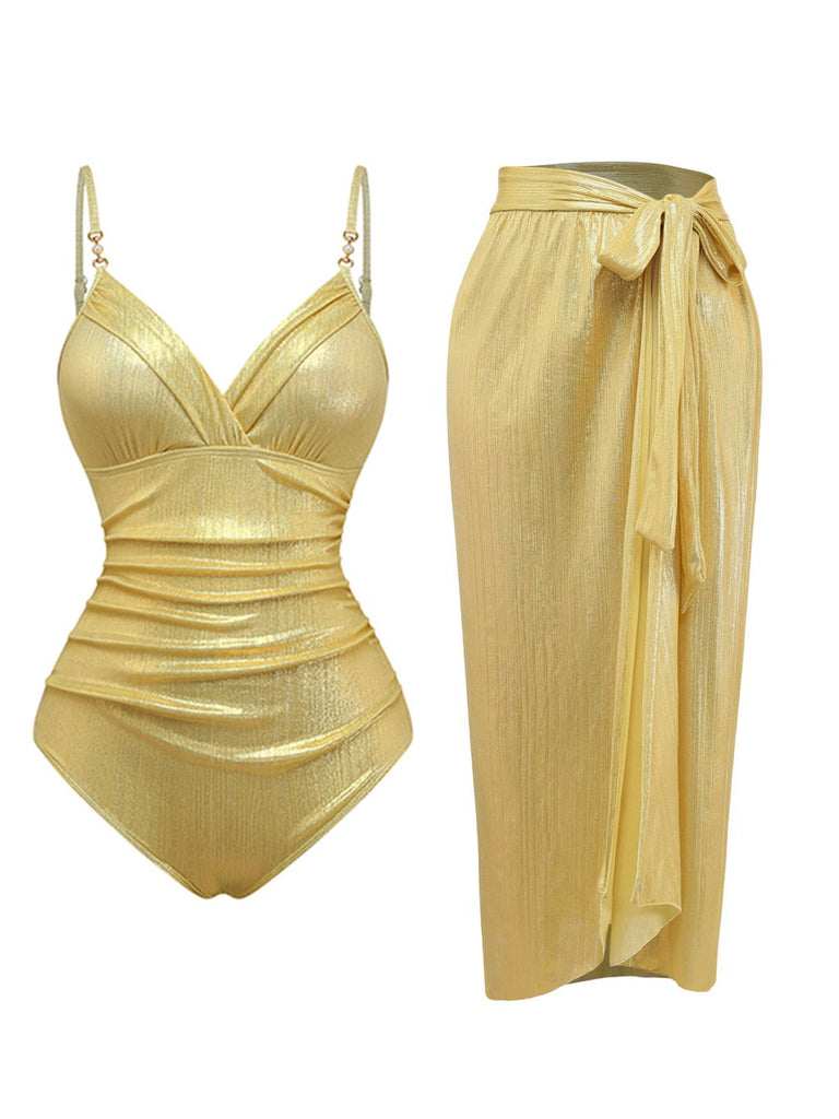 Maillot de bain une pièce froncé doré des années 1980 et paréo