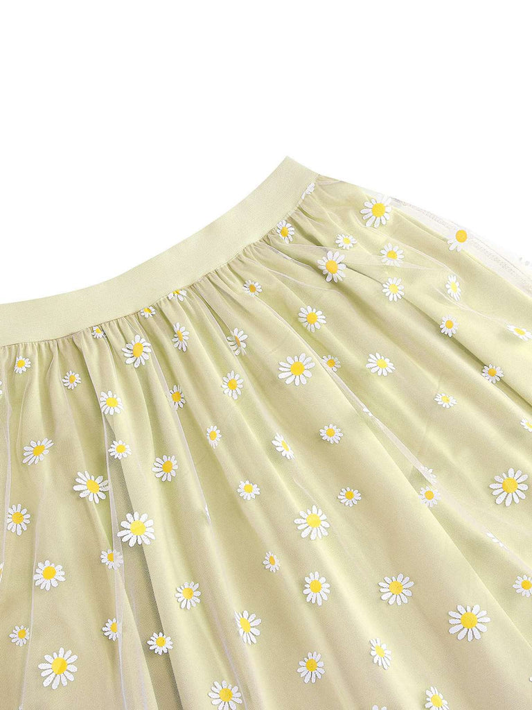 Jupe trapèze taille haute en maille marguerite des années 1940