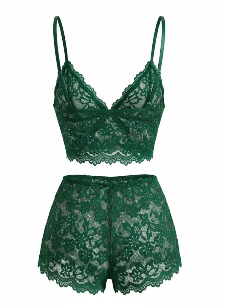 Ensemble De Pyjama Bretelles Fin Dentelle Fleurie Nœud Rouge Année 1960