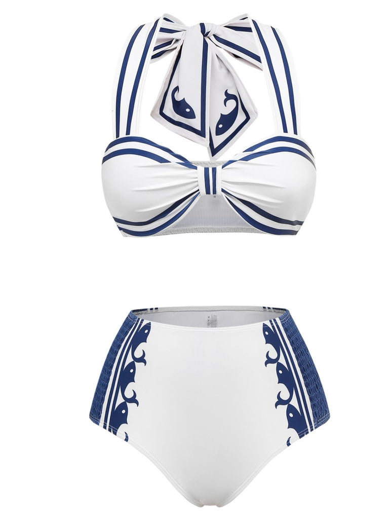 Maillot de Bain blanc motif baleine style marine des années 1940