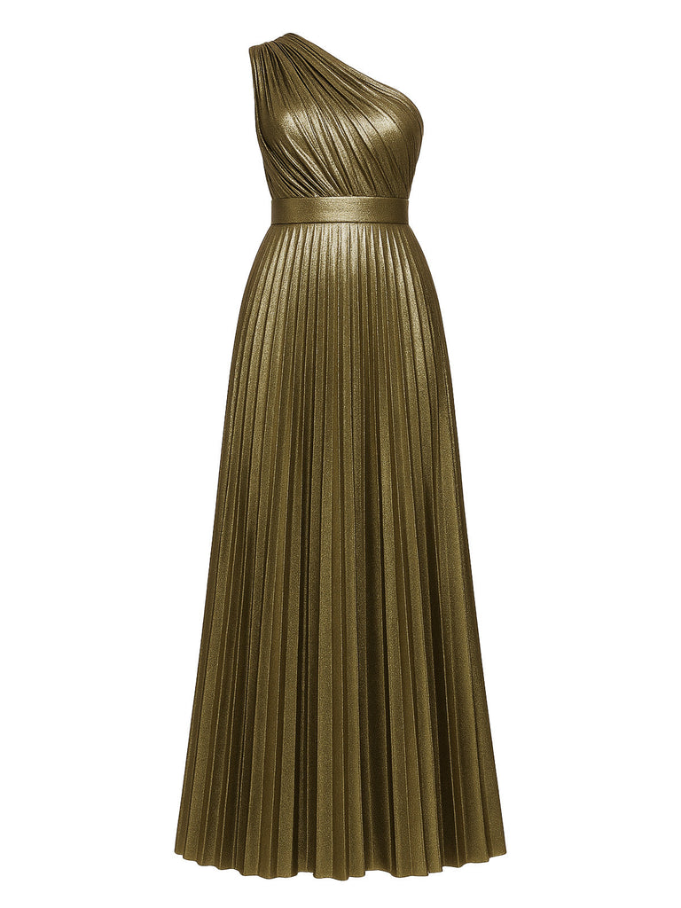 Robe de soirée plissée asymétrique dorée années 1980