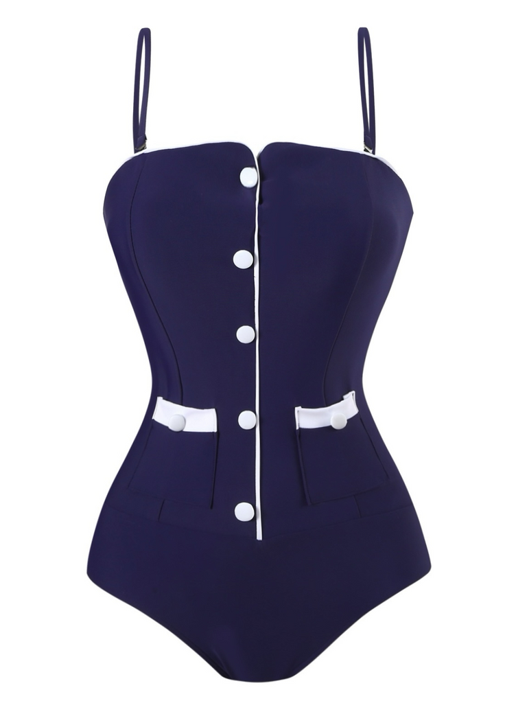 Maillot de bain une pièce bleu foncé à bretelles boutons années 1940