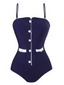 Maillot de bain une pièce bleu foncé à bretelles boutons années 1940