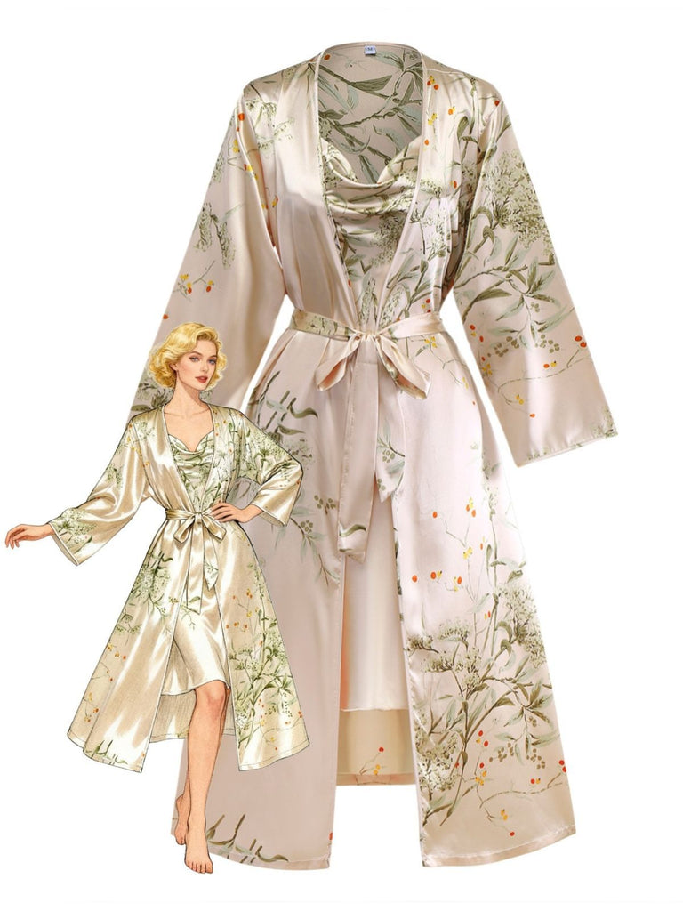 2PCS Nuisette en satin à bretelles et peignoir fleuries des années 1950