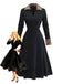 Robe en maille côtelée noire bordure en fausse fourrure léopard style années 1940