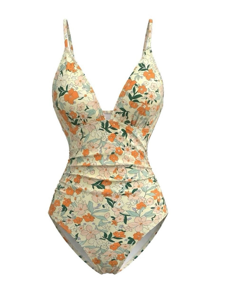 Maillot de bain une pièce fronces et col V fleuri années 1980