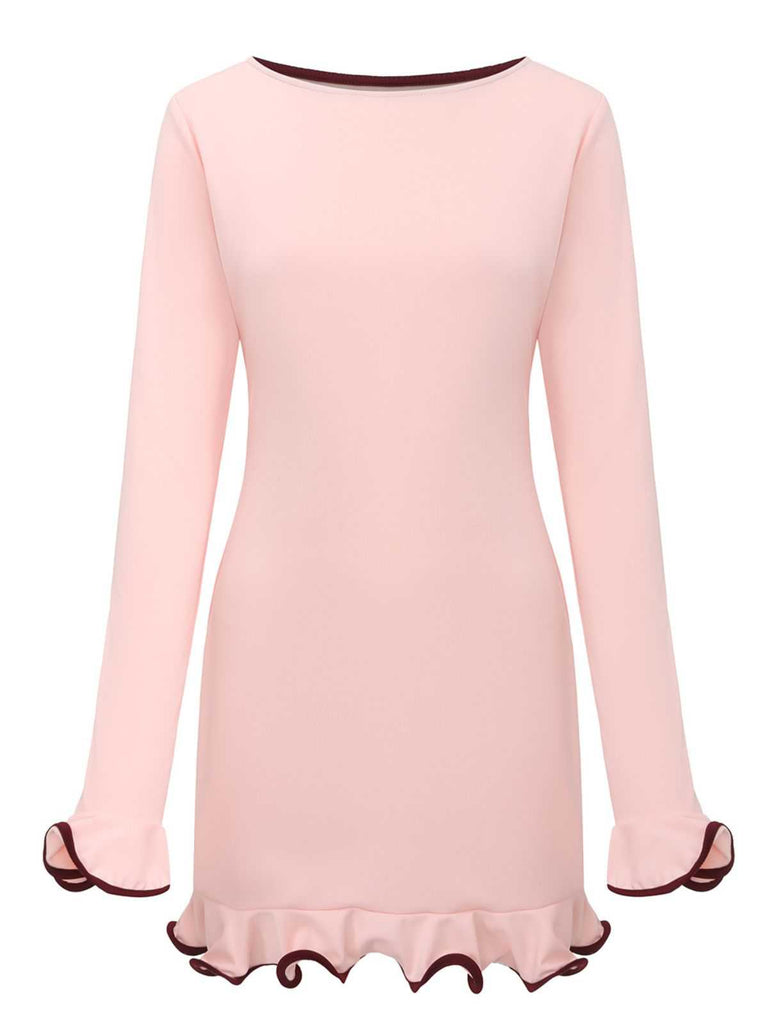 Robe rose manches longues et ourlet volants style années 60