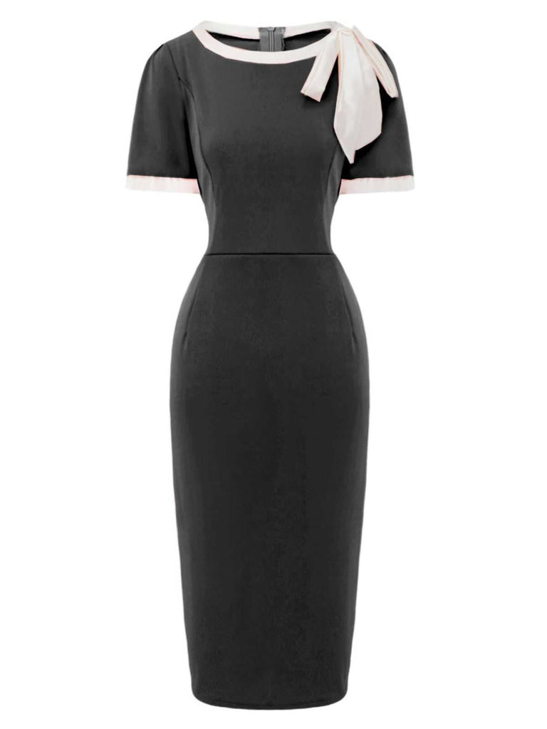 Robe moulante nœud et col rond colorblock années 60