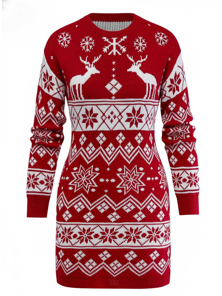 Robe en maille jacquard à rennes et de flocons de neige années 1960