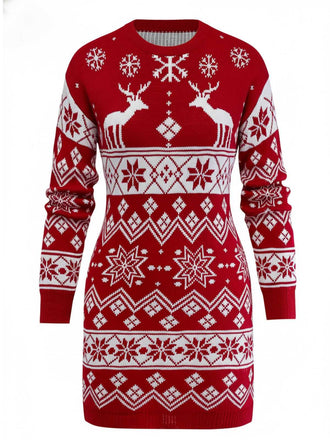 Robe en maille jacquard à rennes et de flocons de neige années 1960