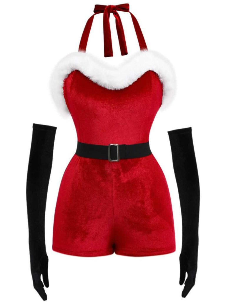 Ensemble barboteuse dos nu en velours et fausse fourrure de Noël des années 1970