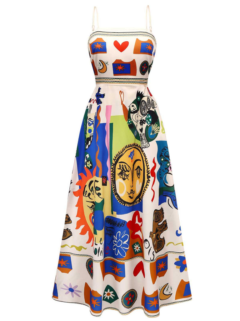 Robe longue multicolore à bretelles imprimé graffiti des années 1970