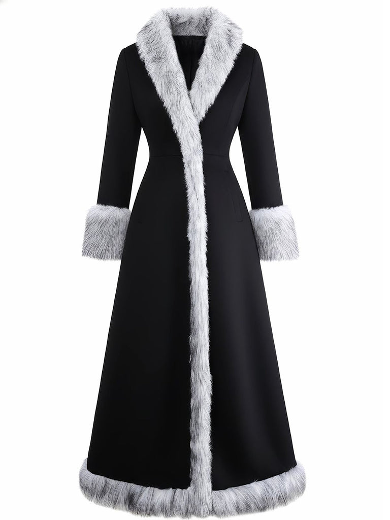 Manteau long noire à bordure en fausse fourrure années 1930