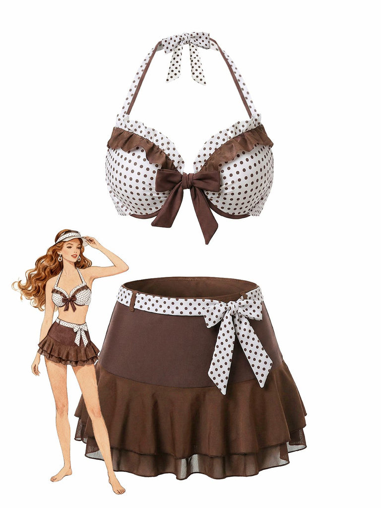 Maillot De Bain Jupe Bretelles Nues Marron À Pois Volants Année 1970