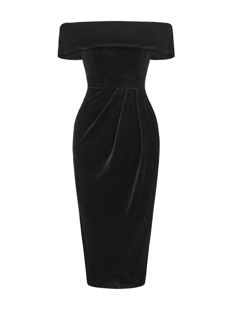 Robe mi-longue à épaules dénudées en velours uni des années 1980