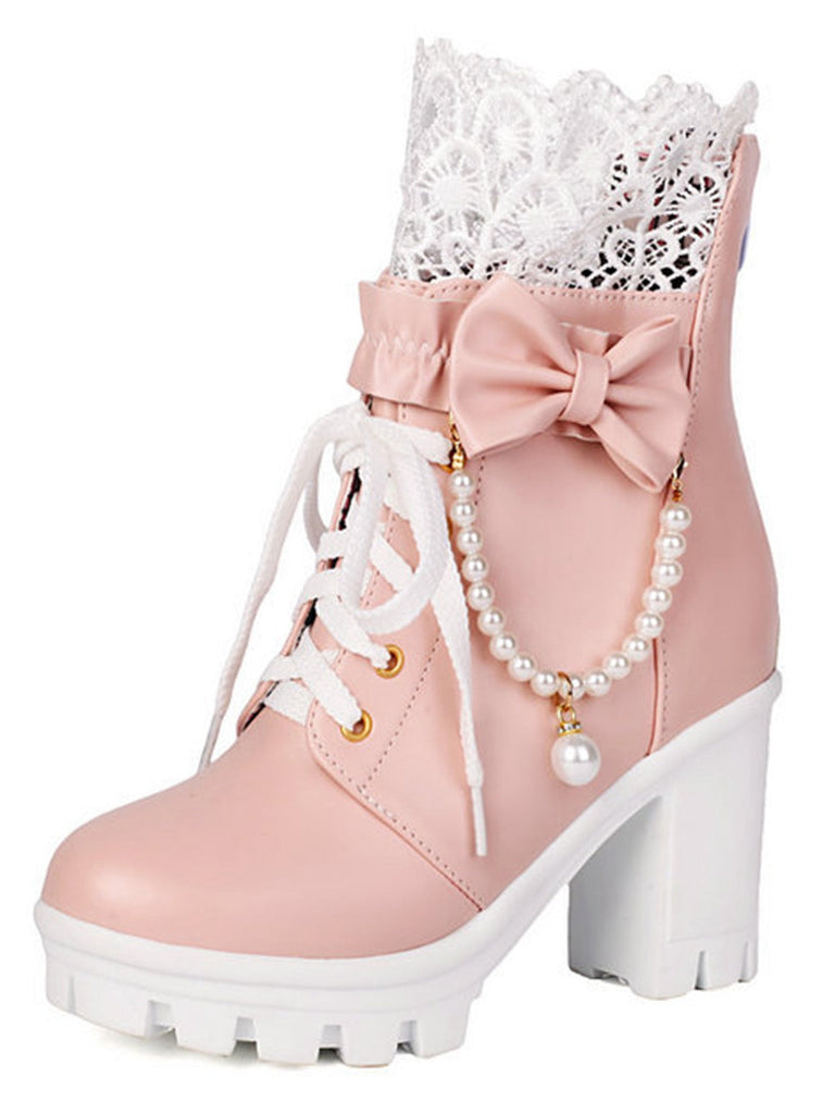 Bottes À Talons Épais Dentelle Perles Nœud Vintage
