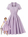 Robe Évasée Boutonnée Col Carré À Carreaux Violette Année 1950