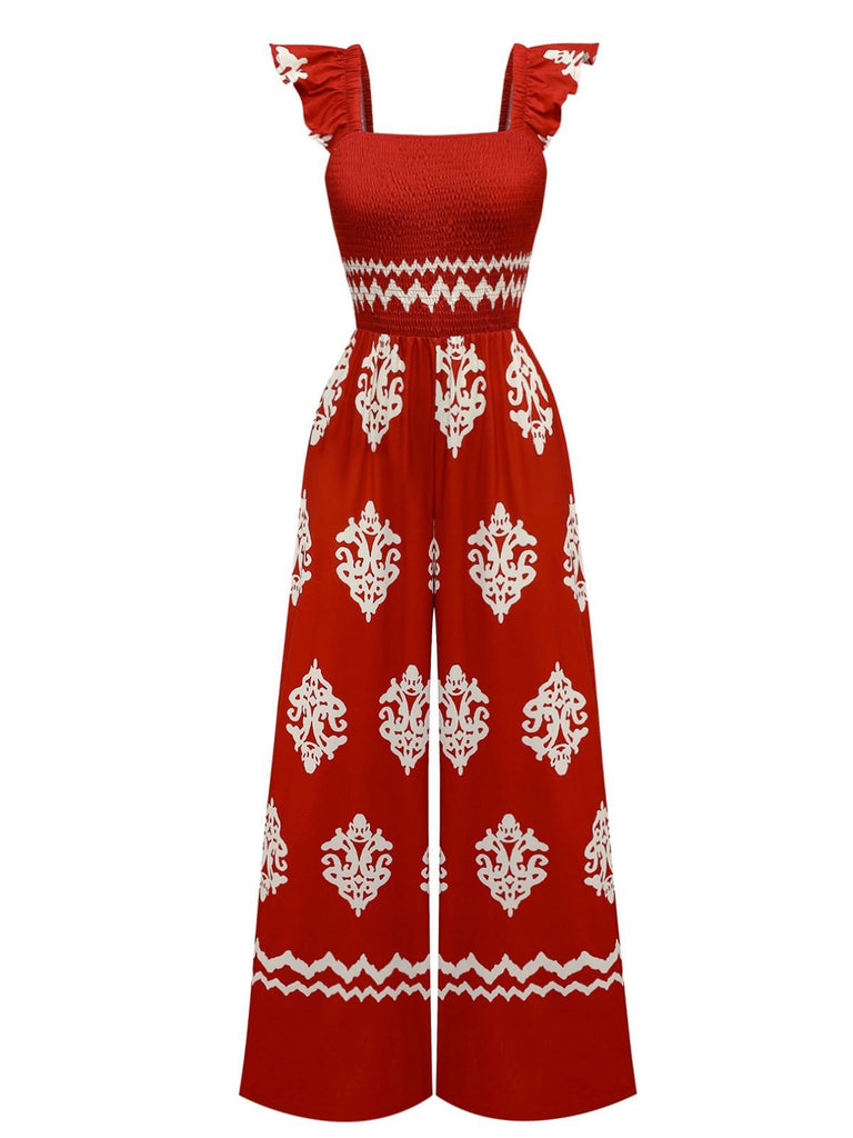 Combinaison col carré imprimé tribal bohème des années 1970