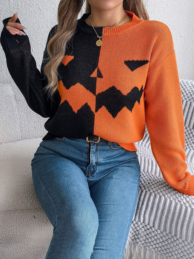 Pull en tricot colorblock à motif citrouille Halloween années 1940