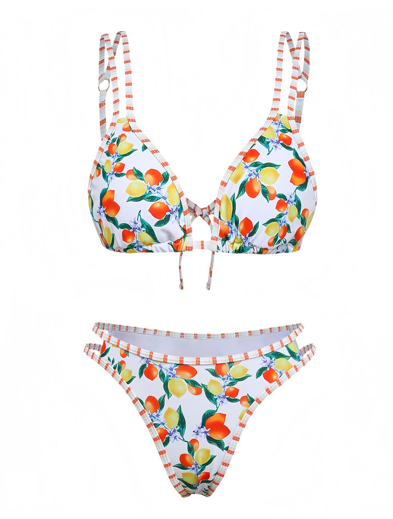 Ensemble bikini triangle blanc bretelles agrumes 1960s