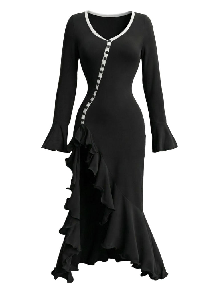Robe sirène à volants boutons et fente latérale des années 1930