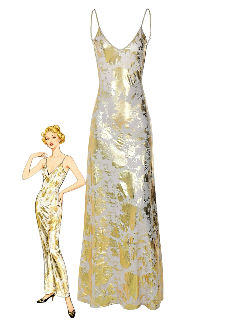 Robe dorée à fines bretelles et col en V en imprimé métallisé années 1980