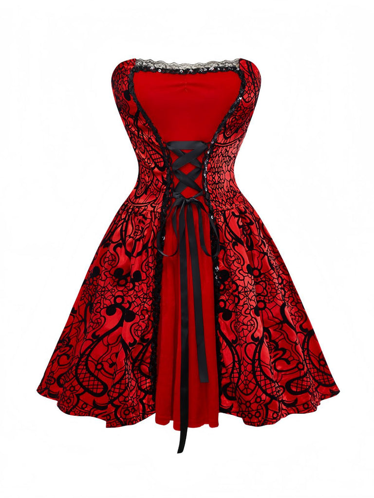 Robe et cape en velours rouge en dentelle et paillettes années 1980