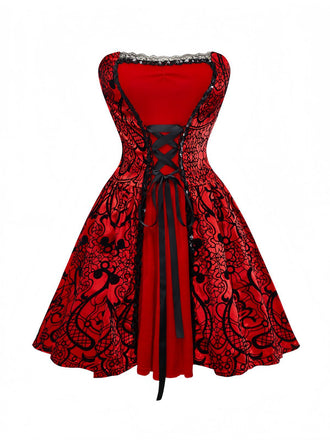 Robe et cape en velours rouge en dentelle et paillettes années 1980