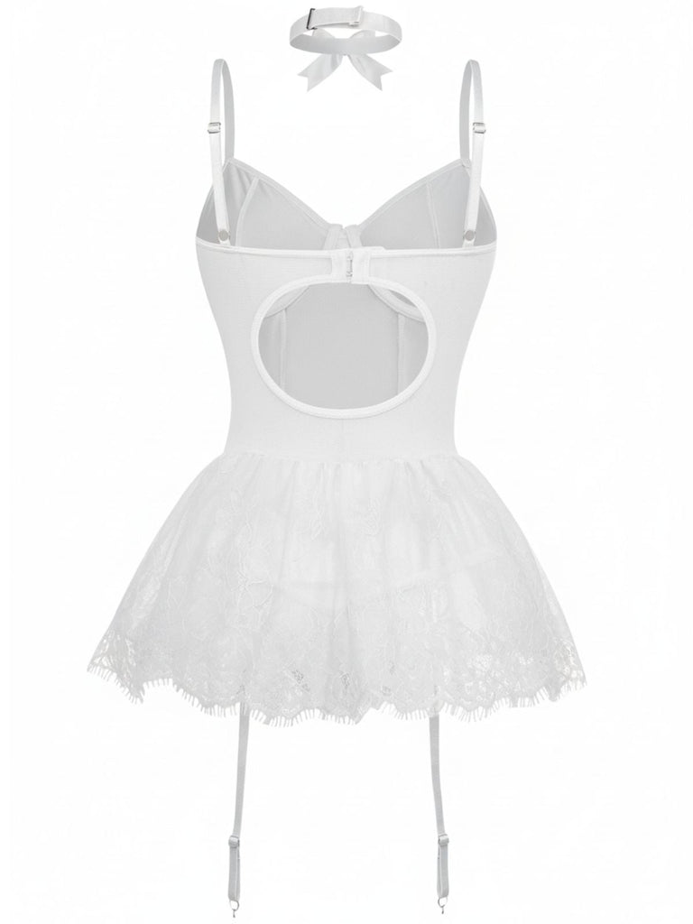 Ensemble body corset orné de dentelle des années 1960