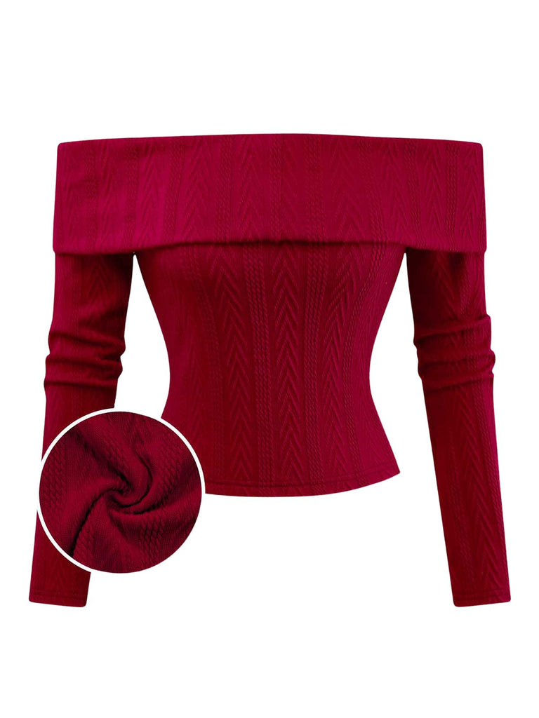 Pull tricoté rouge à épaules dénudées années 1950