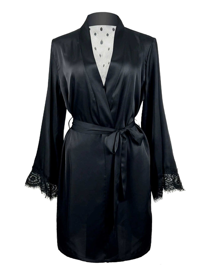 Peignoir de nuit noire en satin et dentelle pois années 1930