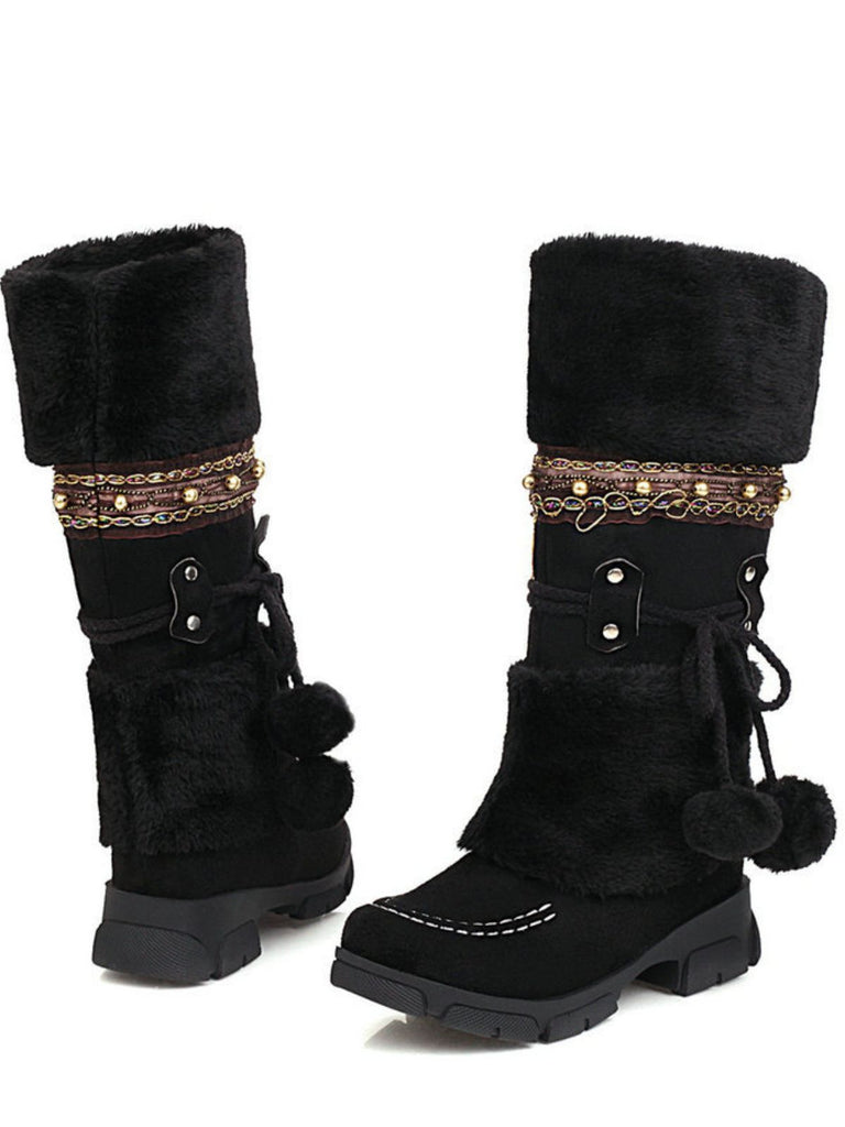 Bottes d'hiver vintage à pompons en fausse fourrure