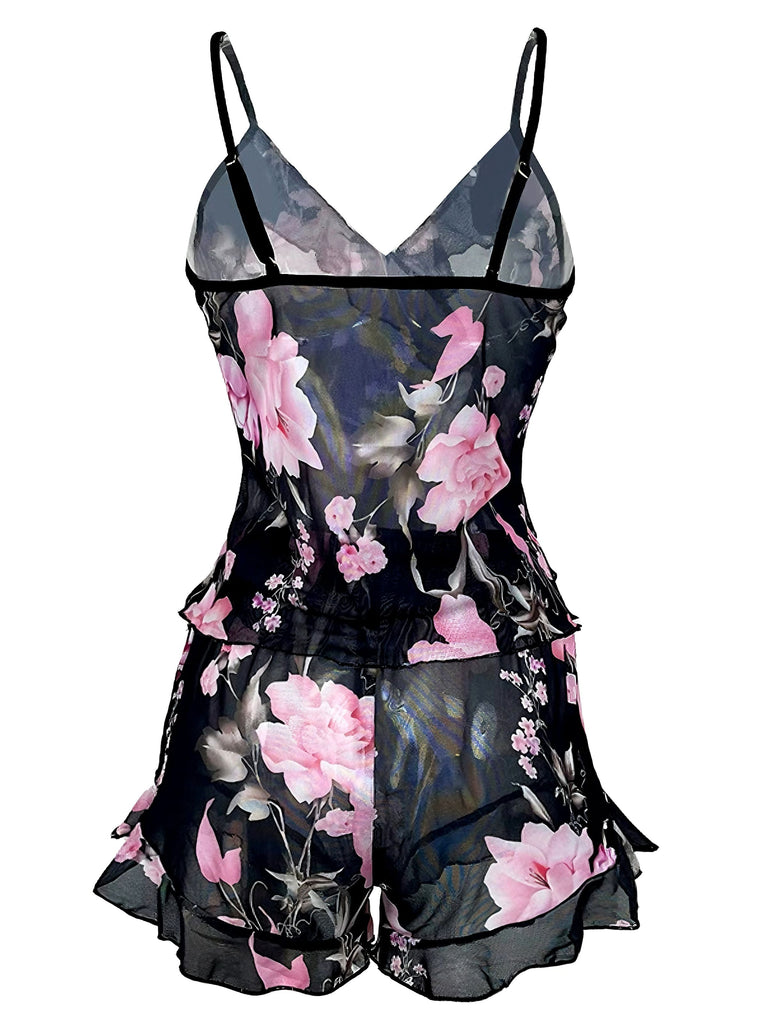 Ensemble pyjama fleurie noir à volants col V années 1930