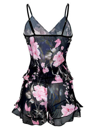 Ensemble pyjama fleurie noir à volants col V années 1930