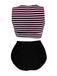 [Grande taille] Ensemble tankini rayé rose et noir à nœuds années 1970